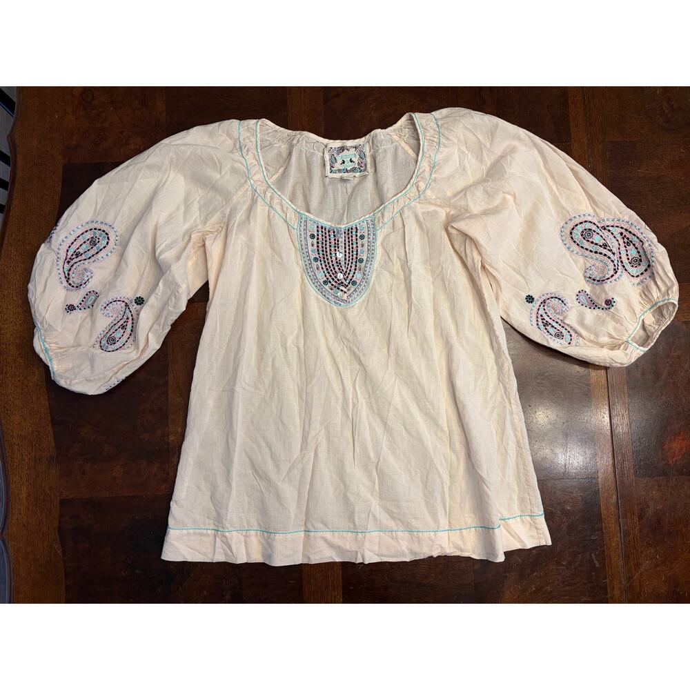 Chelsea & Violet Cream Embroidered Paisley Puff Sleeve Boho Top Sz L